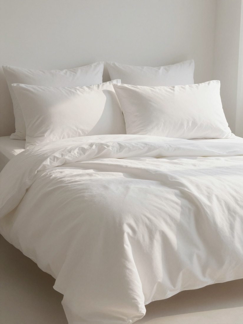 Neatly made bed in a sunlit room
